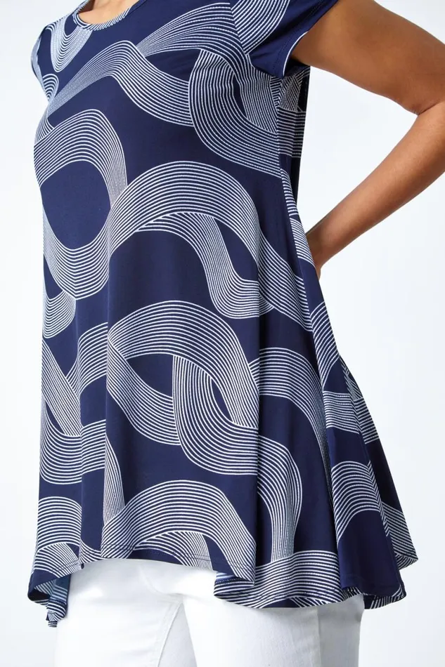 Navy Abstract Swirl Print Stretch Tunic Top Women Roman Tops