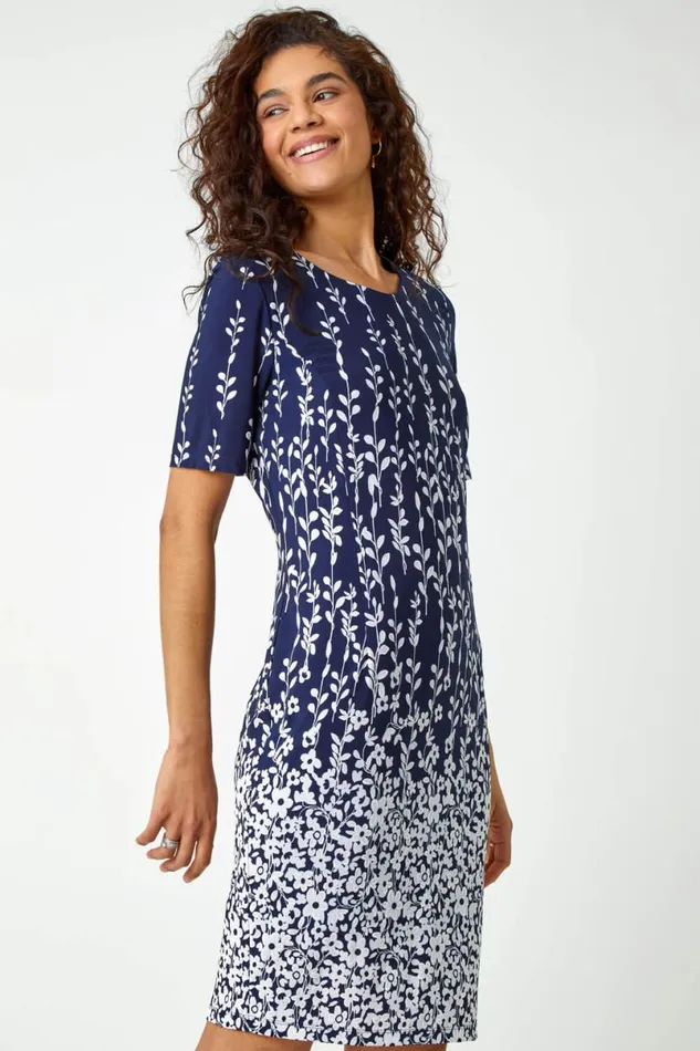 Navy Border Print Floral Shift Dress Women Roman Dresses