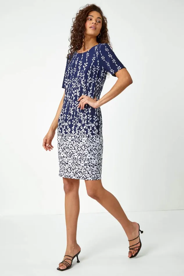 Navy Border Print Floral Shift Dress Women Roman Dresses