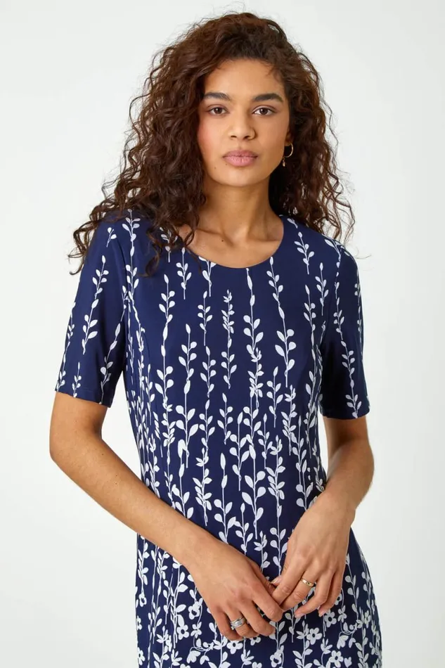 Navy Border Print Floral Shift Dress Women Roman Dresses