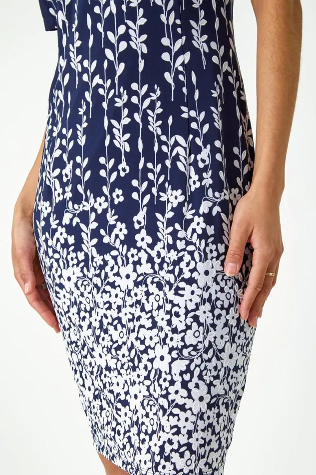 Navy Border Print Floral Shift Dress Women Roman Dresses