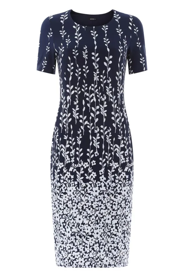 Navy Border Print Floral Shift Dress Women Roman Dresses