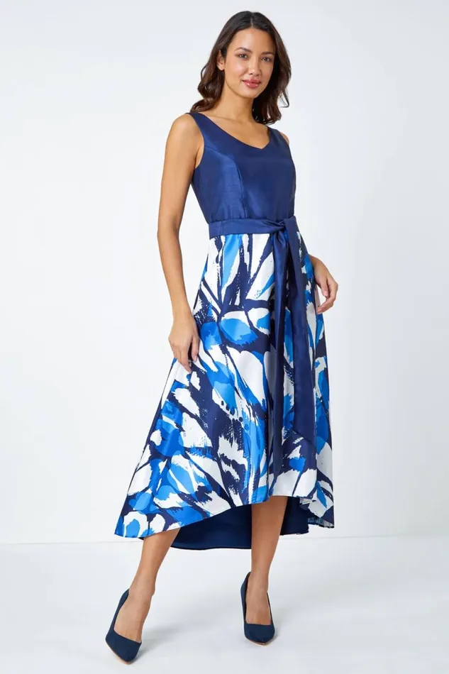 Navy Butterfly Print Fit and Flare Dress Women Roman Dresses