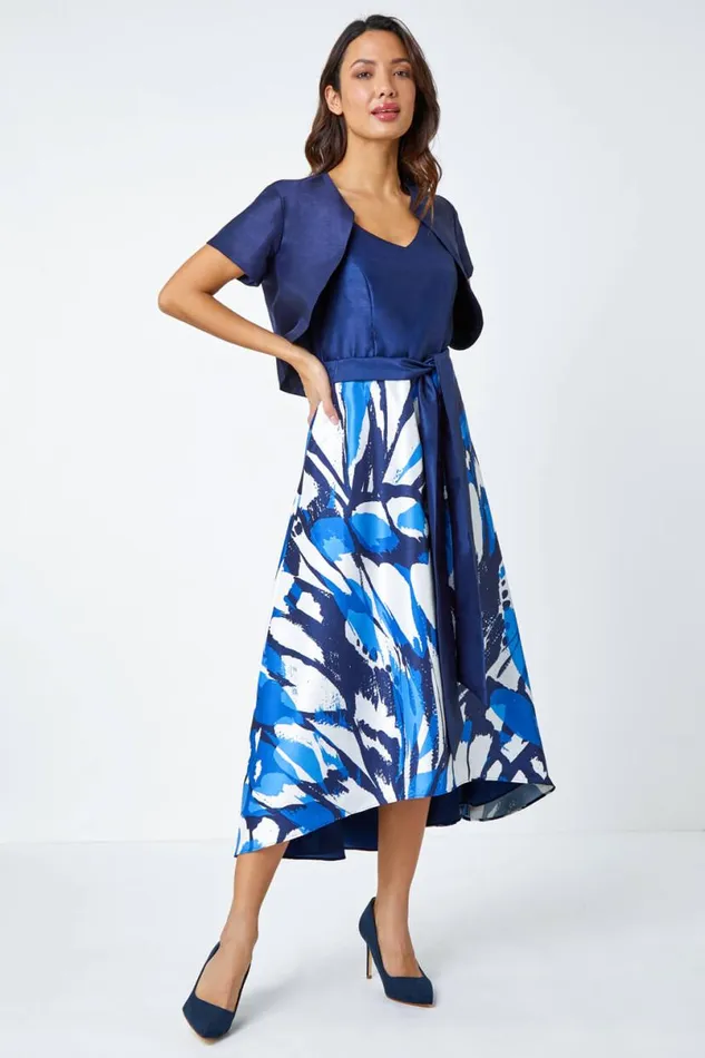 Navy Butterfly Print Fit and Flare Dress Women Roman Dresses