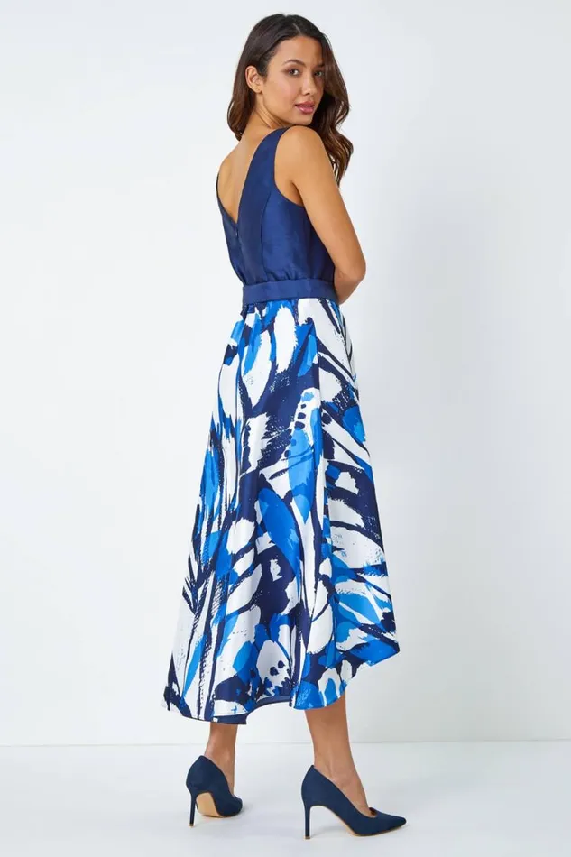 Navy Butterfly Print Fit and Flare Dress Women Roman Dresses