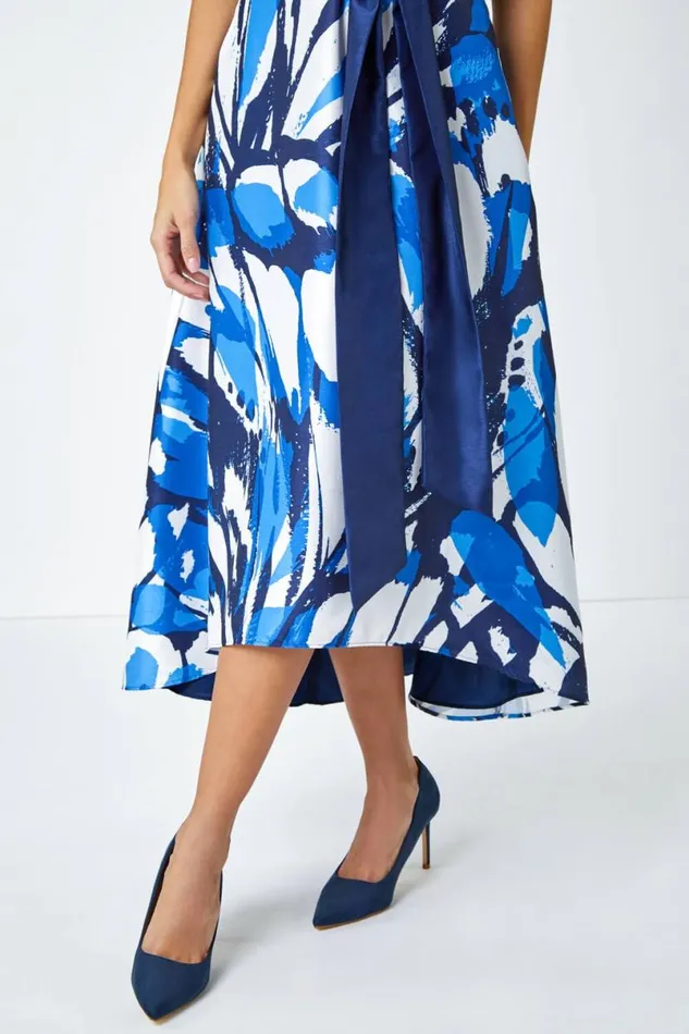 Navy Butterfly Print Fit and Flare Dress Women Roman Dresses