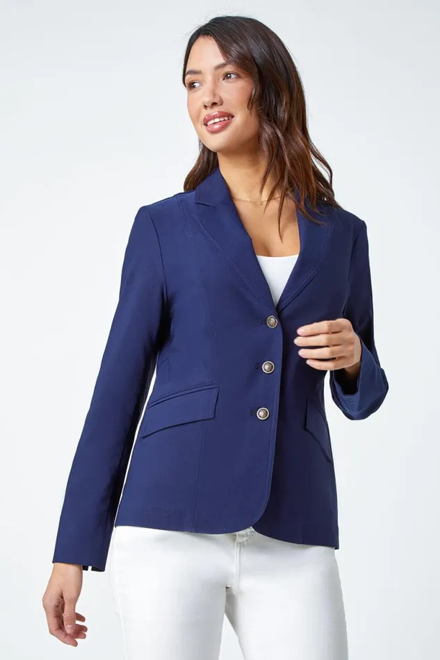 Navy Button Detail Stretch Blazer Women Roman Jackets