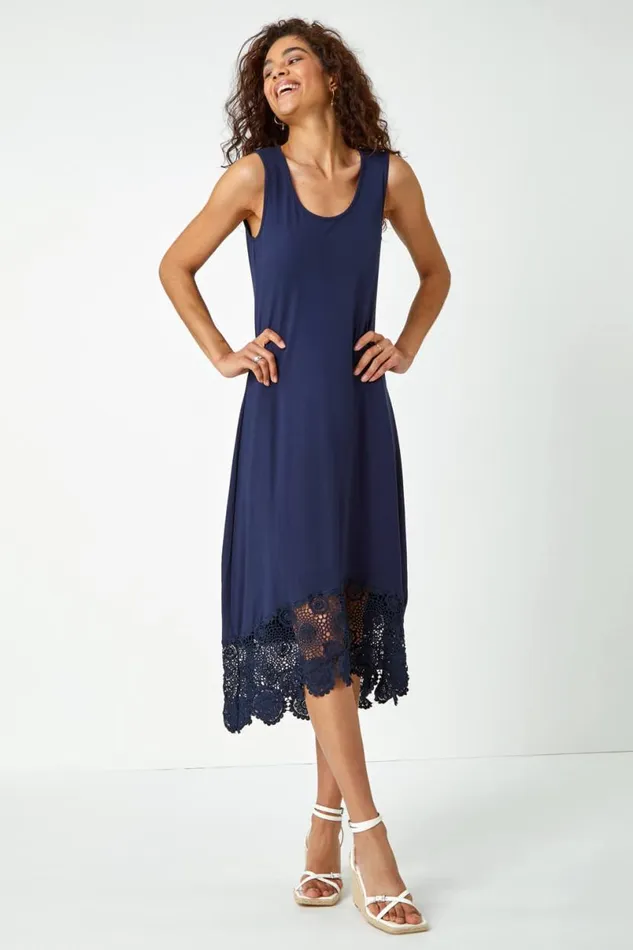 Navy Crochet Hem Stretch Midi Dress Women Roman Dresses