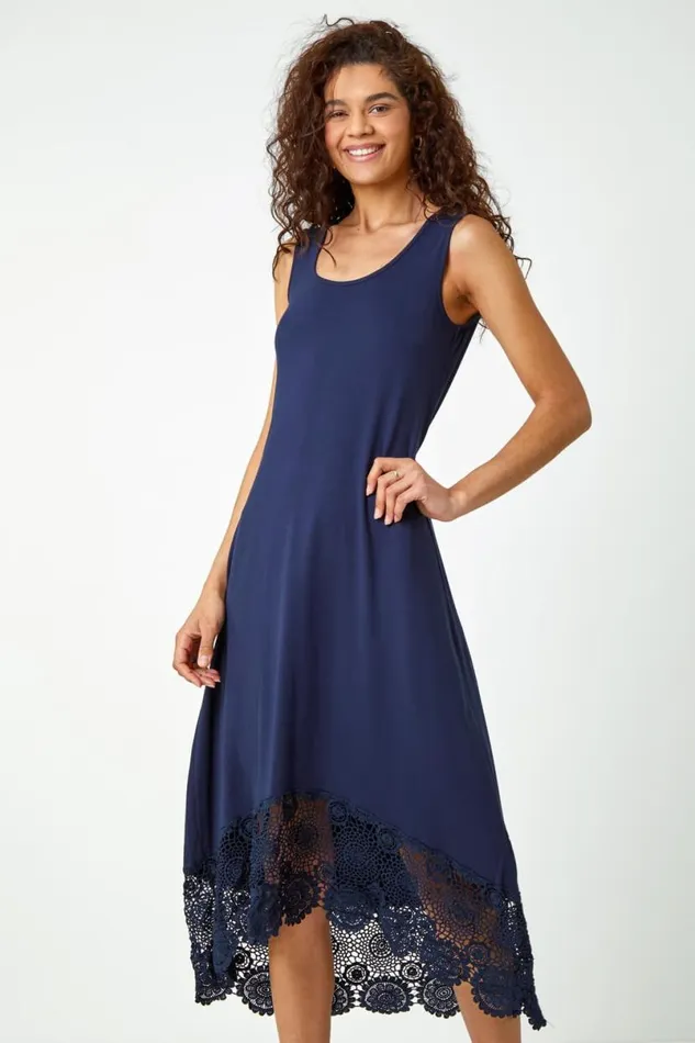 Navy Crochet Hem Stretch Midi Dress Women Roman Dresses