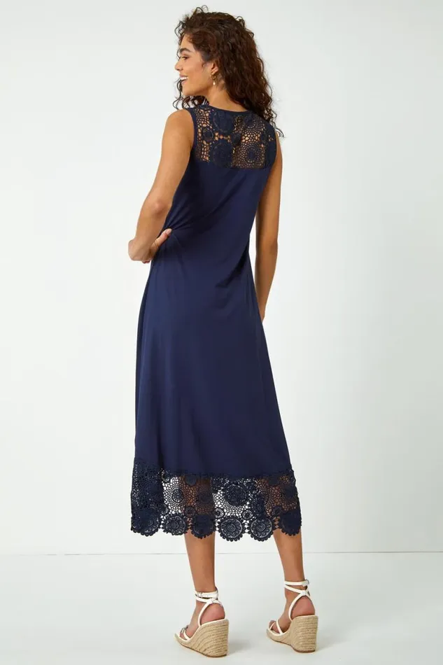 Navy Crochet Hem Stretch Midi Dress Women Roman Dresses