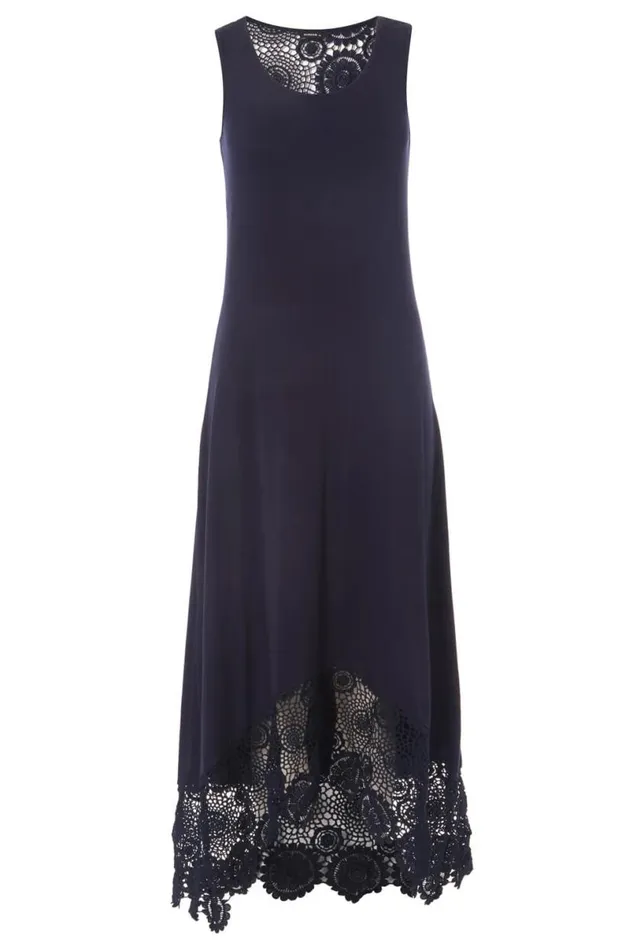 Navy Crochet Hem Stretch Midi Dress Women Roman Dresses