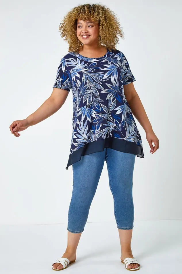 Navy Curve Leaf Chiffon Hem Stretch Top Women Roman Tops