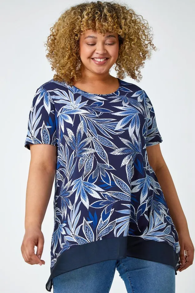 Navy Curve Leaf Chiffon Hem Stretch Top Women Roman Tops