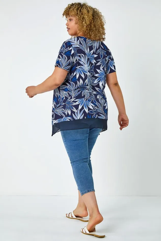 Navy Curve Leaf Chiffon Hem Stretch Top Women Roman Tops