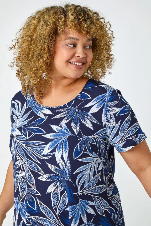 Navy Curve Leaf Chiffon Hem Stretch Top Women Roman Tops