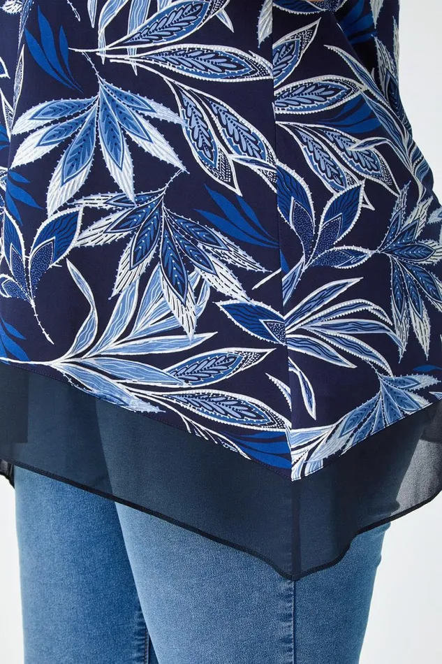 Navy Curve Leaf Chiffon Hem Stretch Top Women Roman Tops
