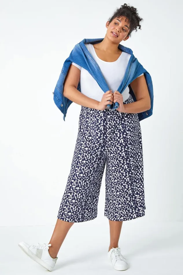 Navy Curve Printed Elastic Waist Crop Culottes Women Roman Trousers