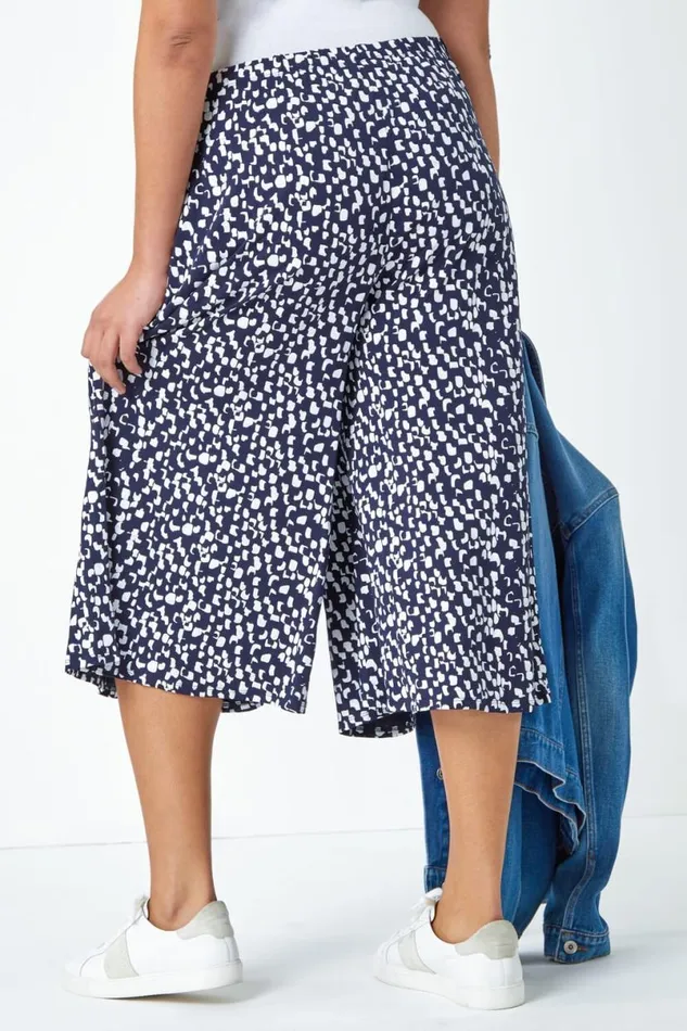 Navy Curve Printed Elastic Waist Crop Culottes Women Roman Trousers