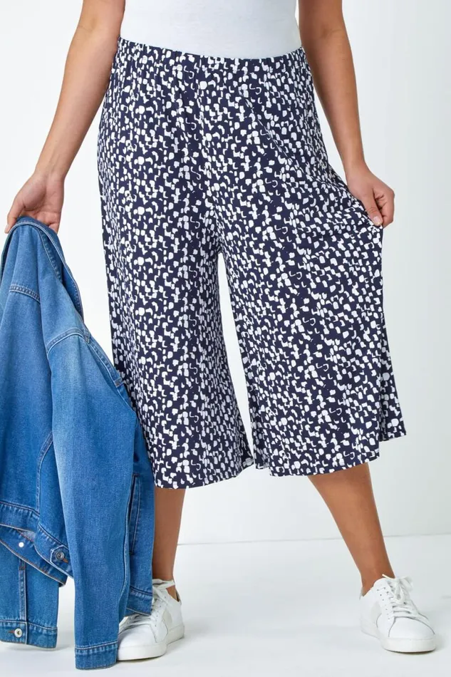 Navy Curve Printed Elastic Waist Crop Culottes Women Roman Trousers