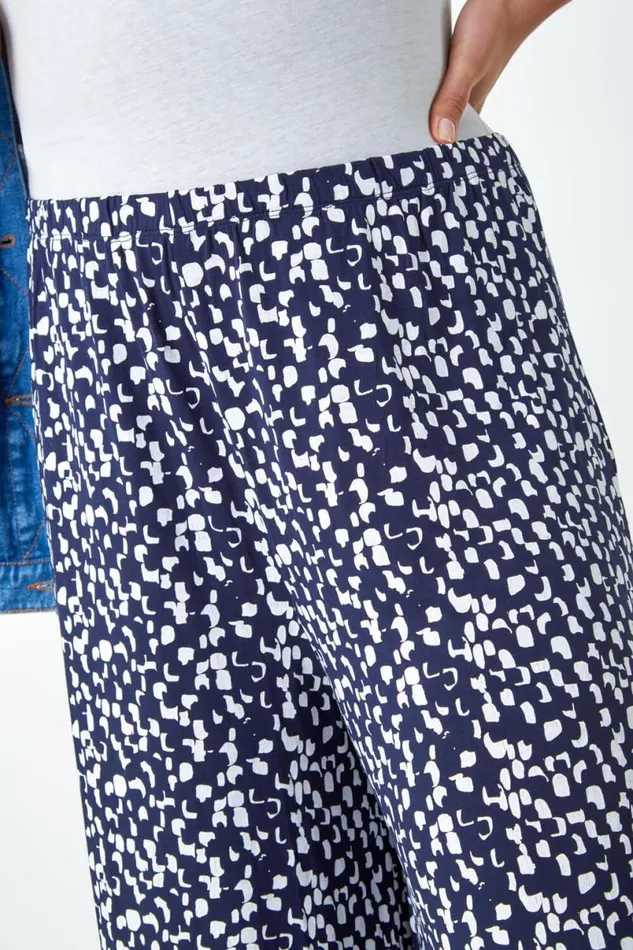 Navy Curve Printed Elastic Waist Crop Culottes Women Roman Trousers