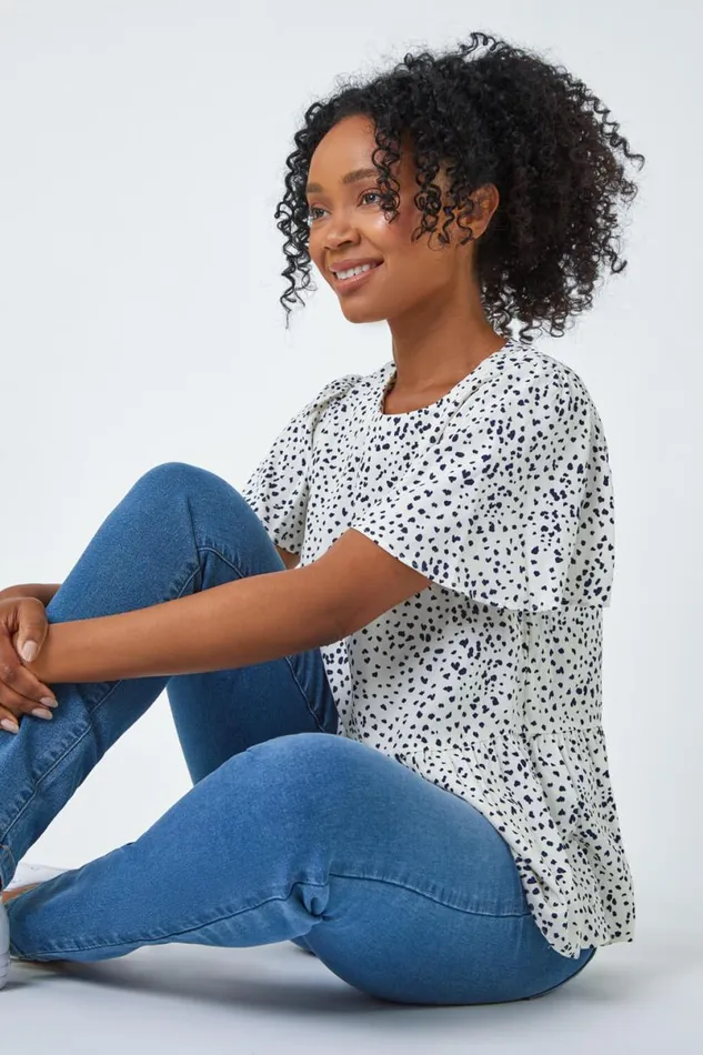Navy Ditsy Spot Print Peplum Top Women Roman Tops