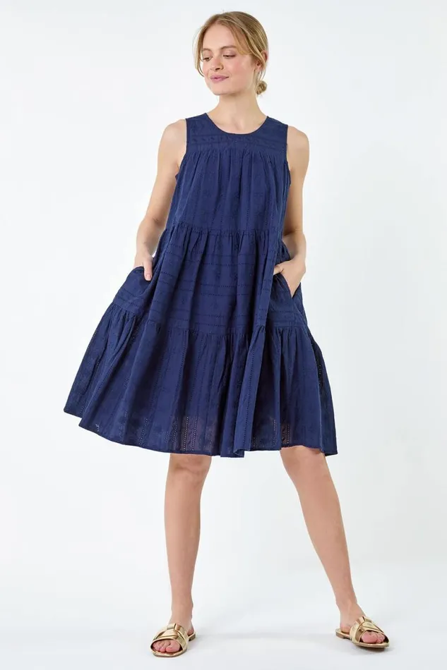 Navy Embroidered Cotton Pocket Smock Dress Women Roman Dresses