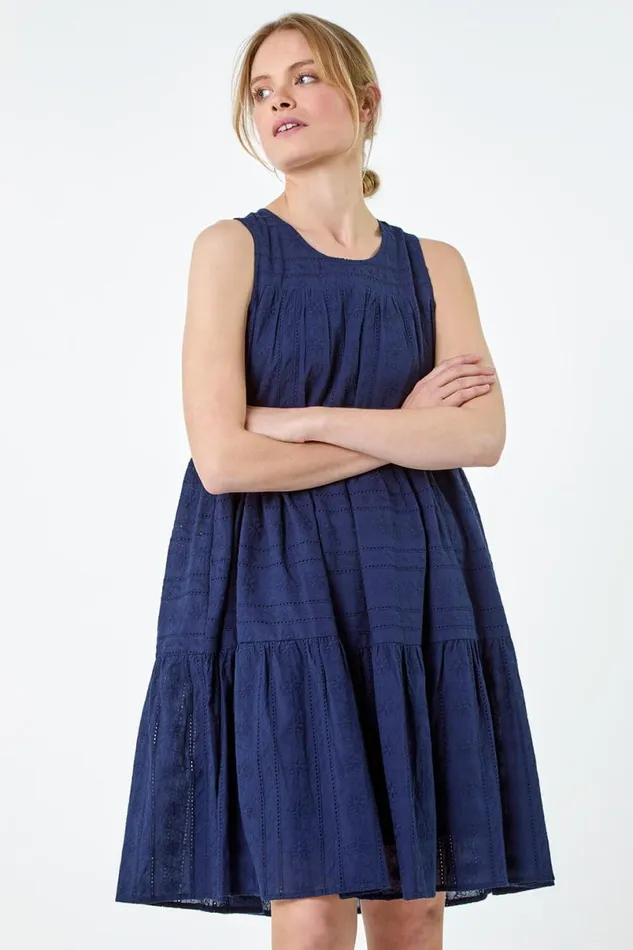 Navy Embroidered Cotton Pocket Smock Dress Women Roman Dresses