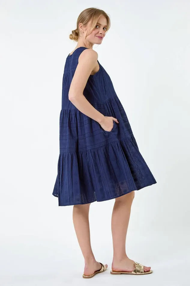 Navy Embroidered Cotton Pocket Smock Dress Women Roman Dresses