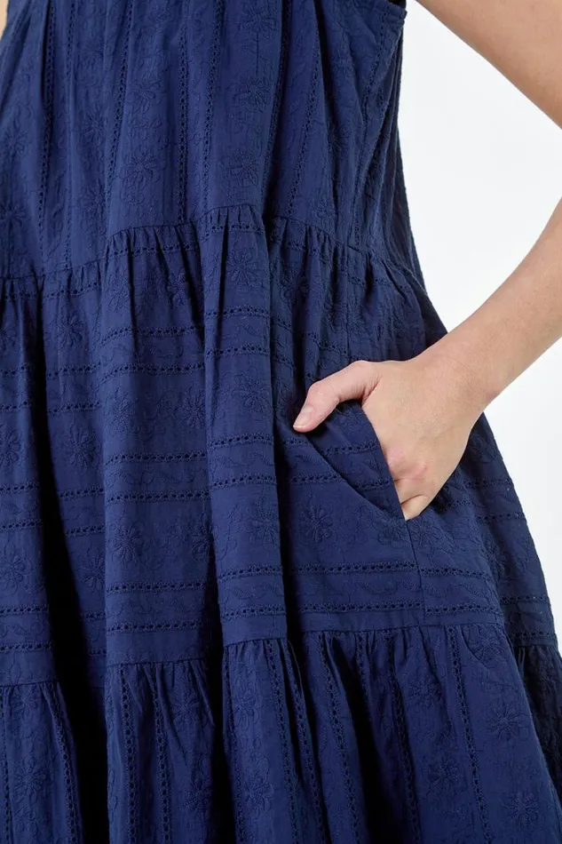 Navy Embroidered Cotton Pocket Smock Dress Women Roman Dresses