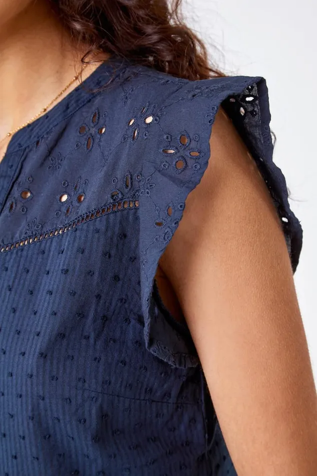 Navy Embroidered Frill Sleeve Blouse Women Roman Tops
