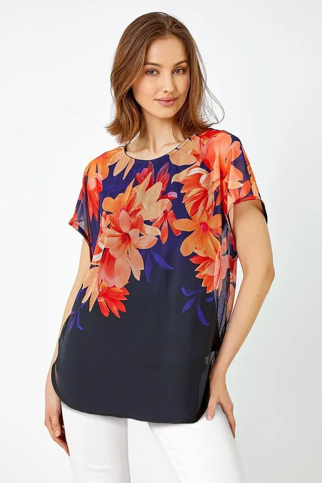 Navy Floral Print Overlay Stretch Top Women Roman Tops