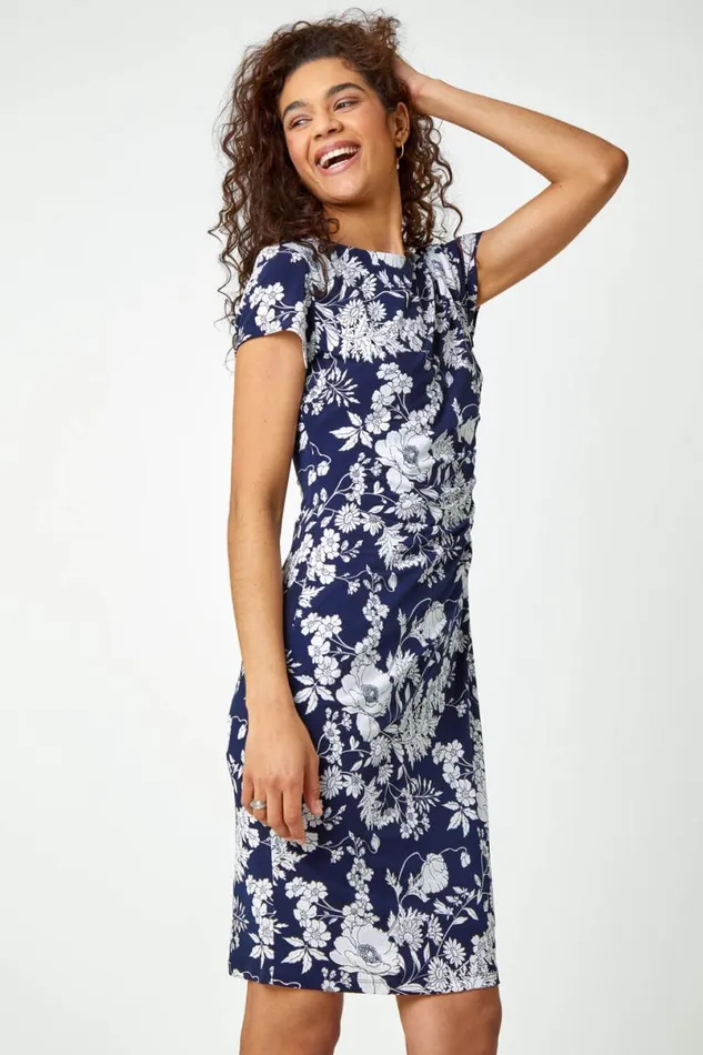Navy Floral Print Side Ruched Dress Women Roman Dresses