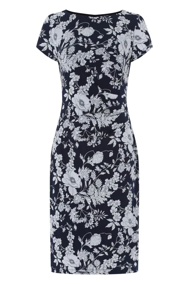 Navy Floral Print Side Ruched Dress Women Roman Dresses