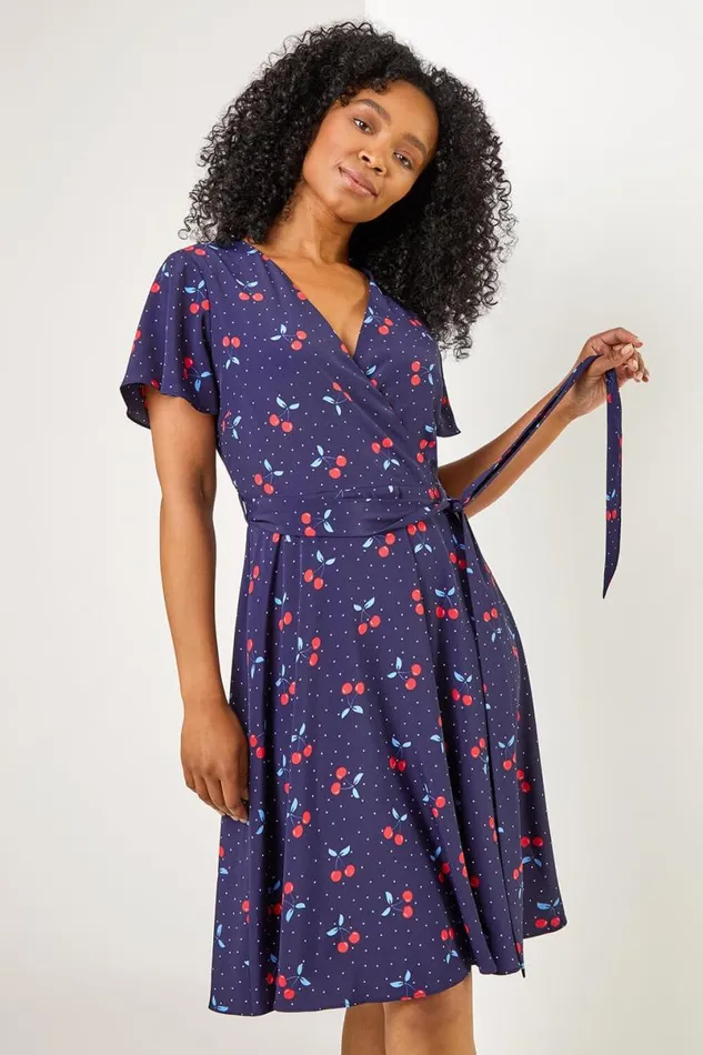 Navy Petite Cherry Spot Print Wrap Dress Women Roman Dresses