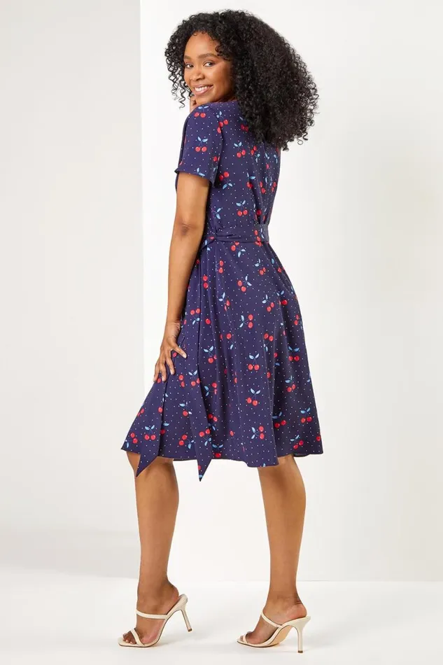 Navy Petite Cherry Spot Print Wrap Dress Women Roman Dresses