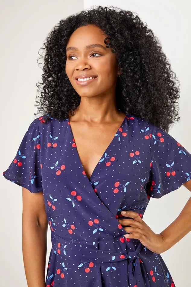 Navy Petite Cherry Spot Print Wrap Dress Women Roman Dresses