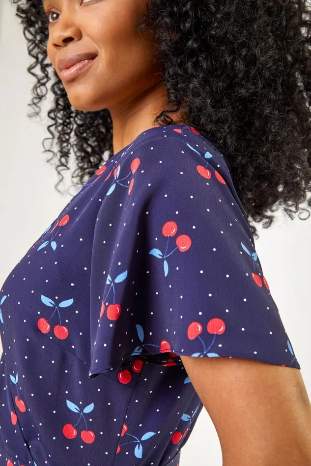 Navy Petite Cherry Spot Print Wrap Dress Women Roman Dresses