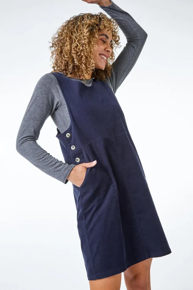Navy Petite Cord Pinafore Dress Women Roman Dresses