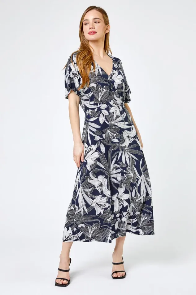 Navy Petite Lily Print Ruched Midi Dress Women Roman Dresses