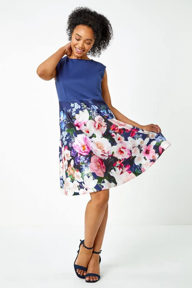 Navy Petite Premium Stretch Floral Dress Women Roman Dresses