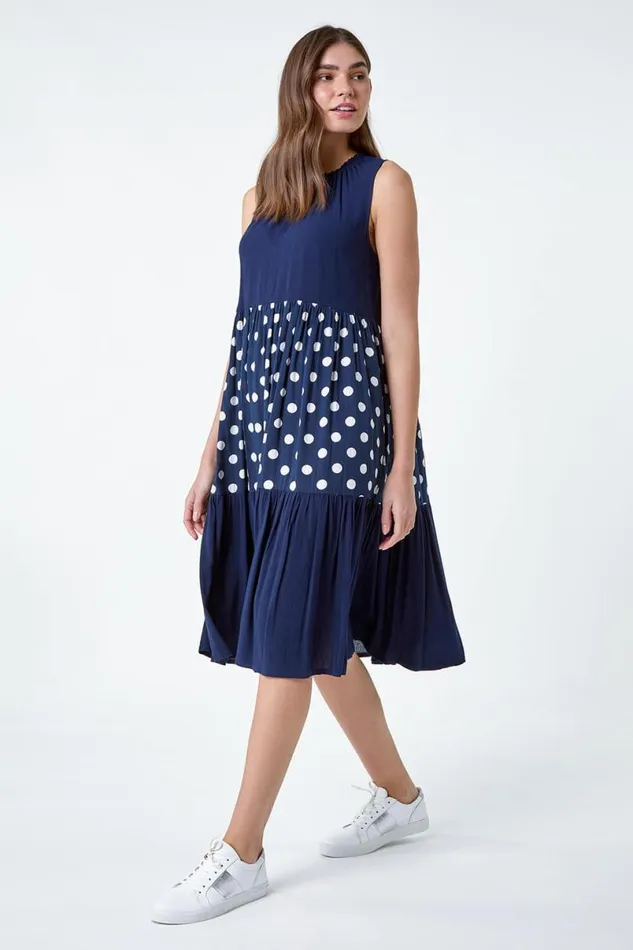Navy Polka Dot Print Panel Smock Dress Women Roman Dresses