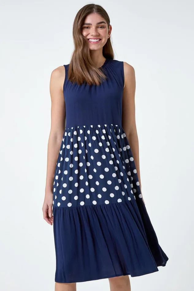 Navy Polka Dot Print Panel Smock Dress Women Roman Dresses