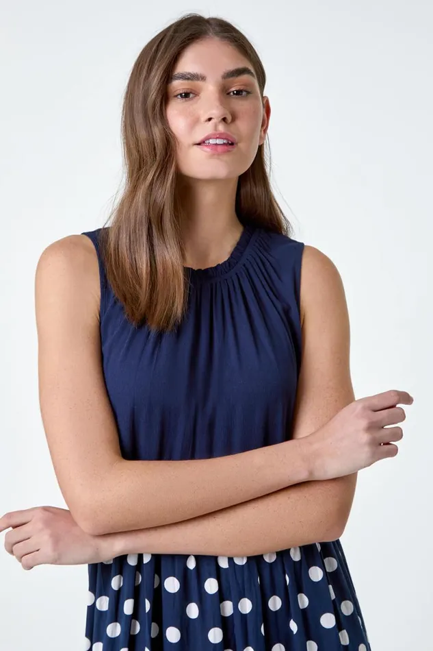 Navy Polka Dot Print Panel Smock Dress Women Roman Dresses