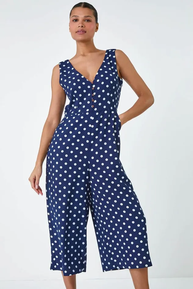 Navy Polka Dot Print Pocket Jumpsuit Women Roman Dresses