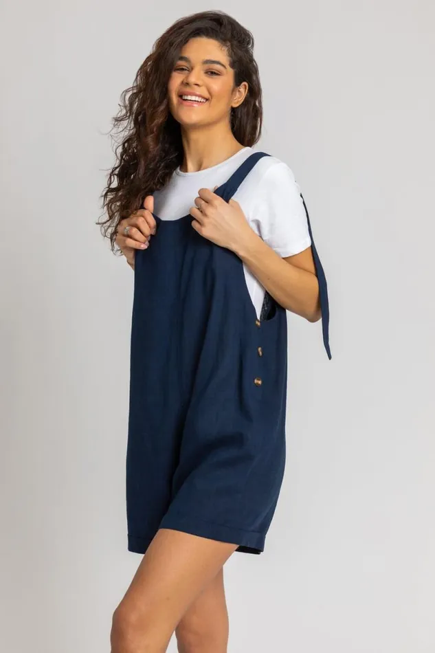 Navy Shoulder Tie Cotton Playsuit Women Roman Dresses