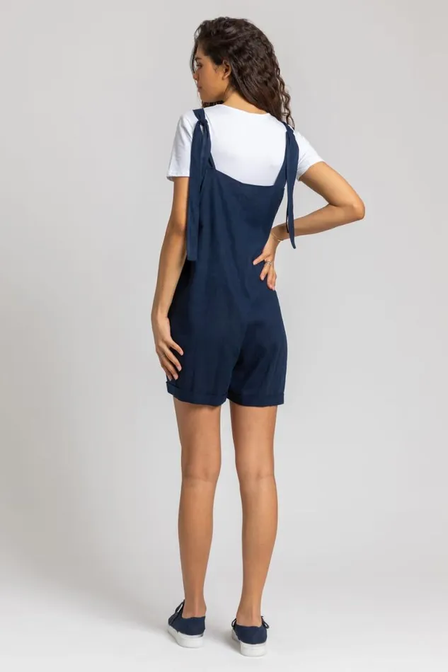 Navy Shoulder Tie Cotton Playsuit Women Roman Dresses