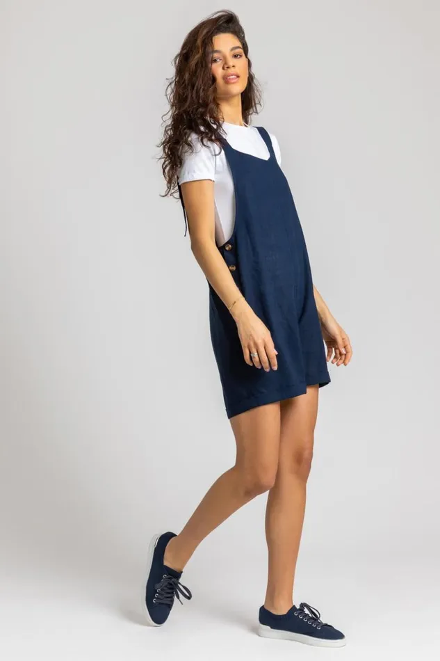 Navy Shoulder Tie Cotton Playsuit Women Roman Dresses