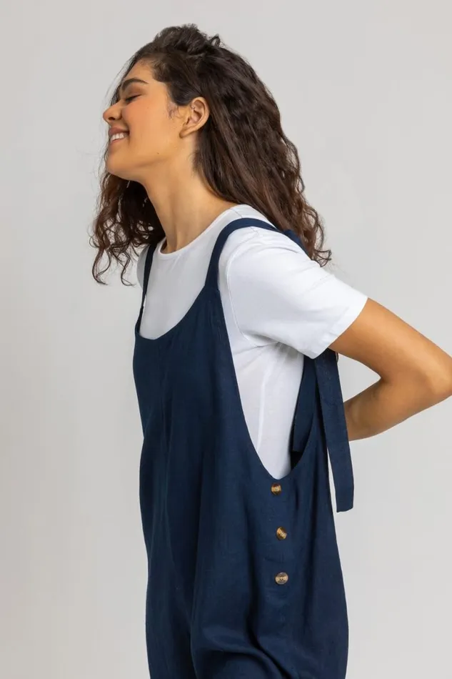 Navy Shoulder Tie Cotton Playsuit Women Roman Dresses