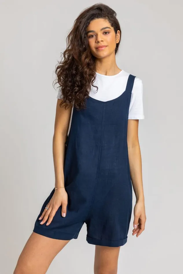 Navy Shoulder Tie Cotton Playsuit Women Roman Dresses