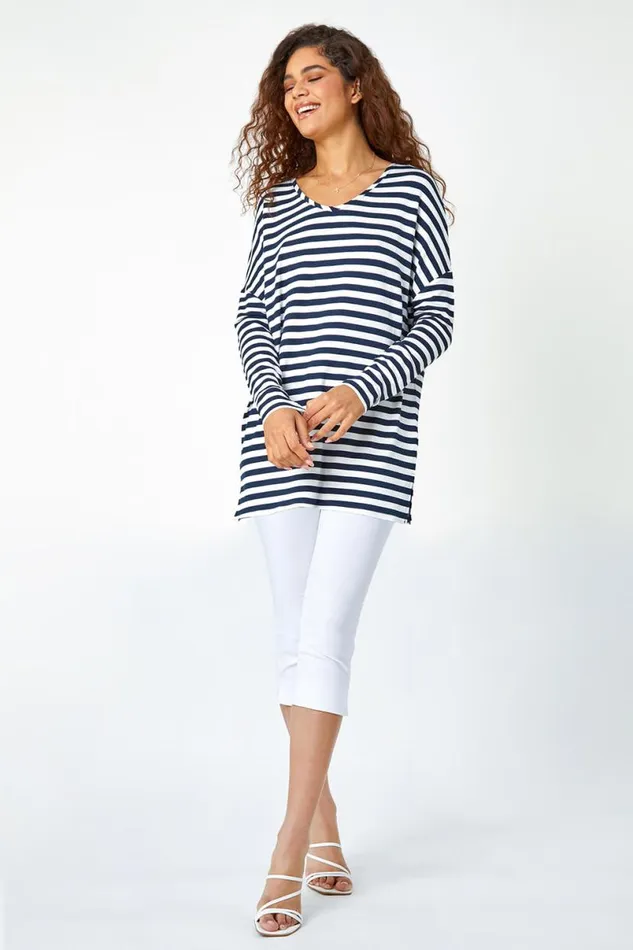 Navy Stripe Print Tunic Stretch Top Women Roman Tops